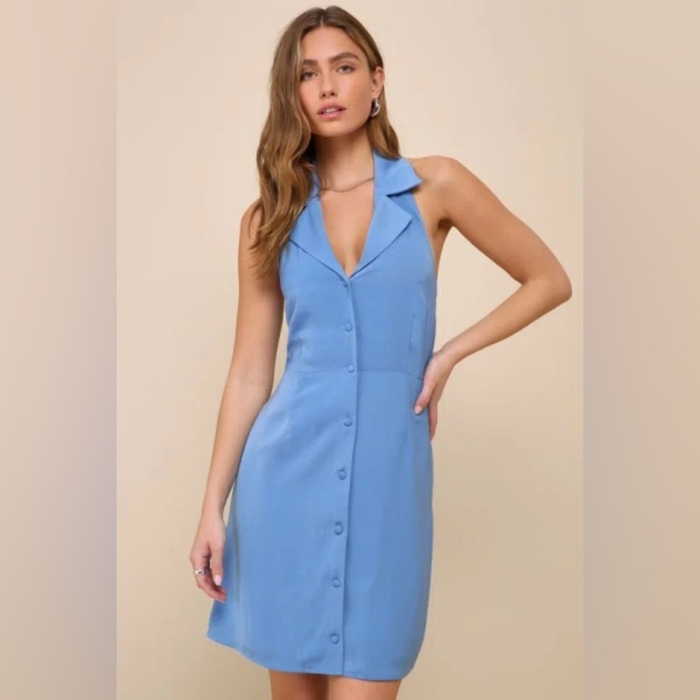 Lulus Extremely Chic Blue Collared Tie-Back Button-Up Mini Dress Size
